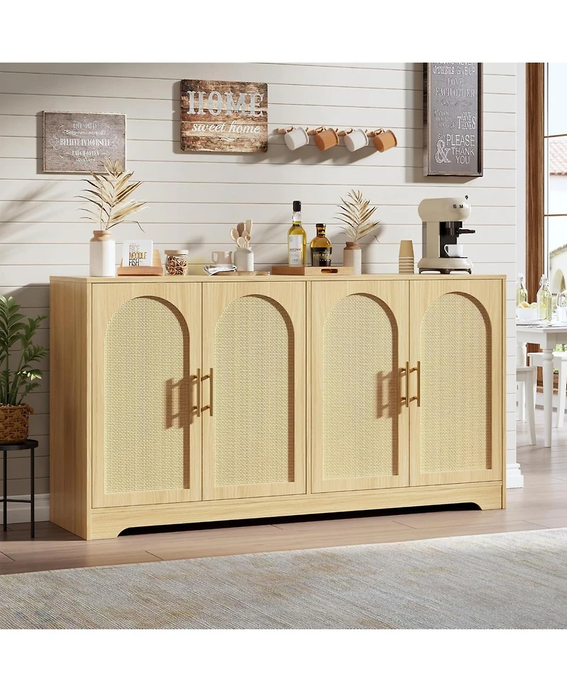 gaomon 59" Sideboard Buffet Cabinet - Large Credenza Storage with 4 Rattan Doors, Modern Console Table Accent Coffee Bar