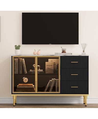 gaomon Fluted Sideboards Buffets Cabinet with Glass Doors, 3 Drawers, Marble Top Kitchen Sideboard Cabinet