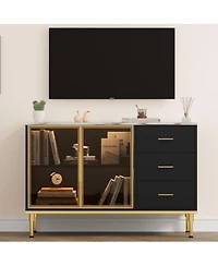 gaomon Fluted Sideboards Buffets Cabinet with Glass Doors, 3 Drawers, Marble Top Kitchen Sideboard Cabinet