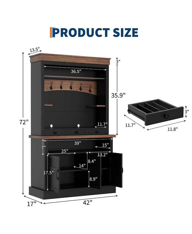Gaomon Coffee Bar Cabinet with Led Light, 72" Tall Farmhouse Hutch Storage, Sideboard Buffet