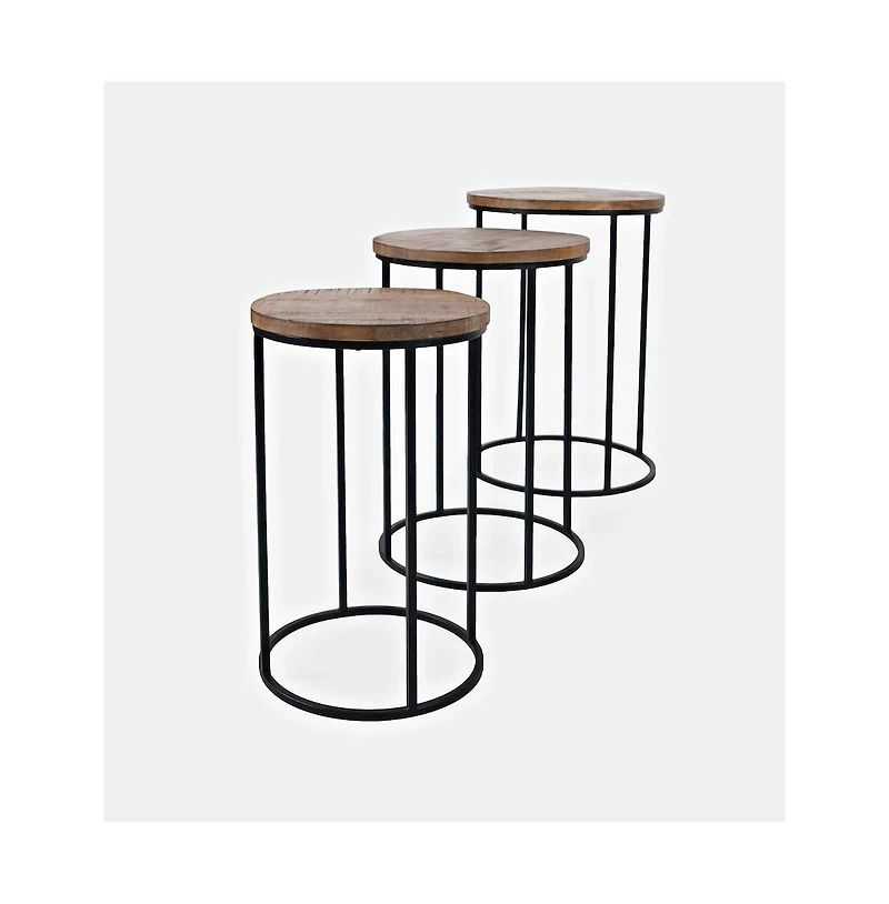 Jofran Warner Round Modern Rustic Solid Wood and Metal Nesting End Tables
