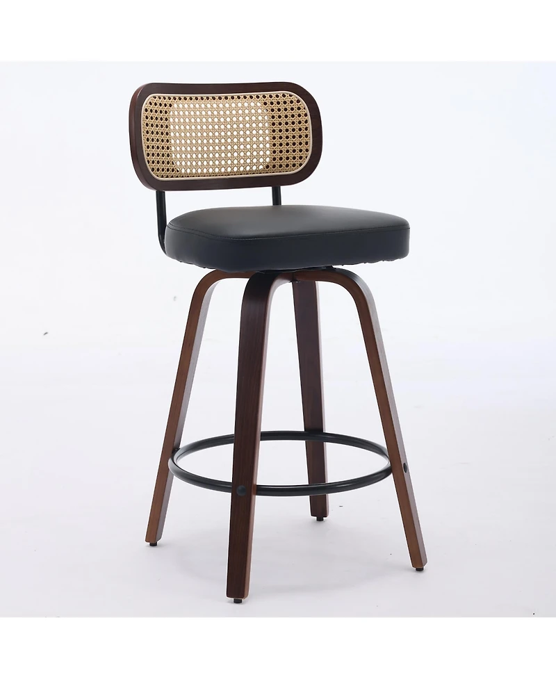 Set of 3 Mid-Century Modern Swivel Bar Stool with Cane Back, Walnut Wood Frame and 360° Swivel Seat