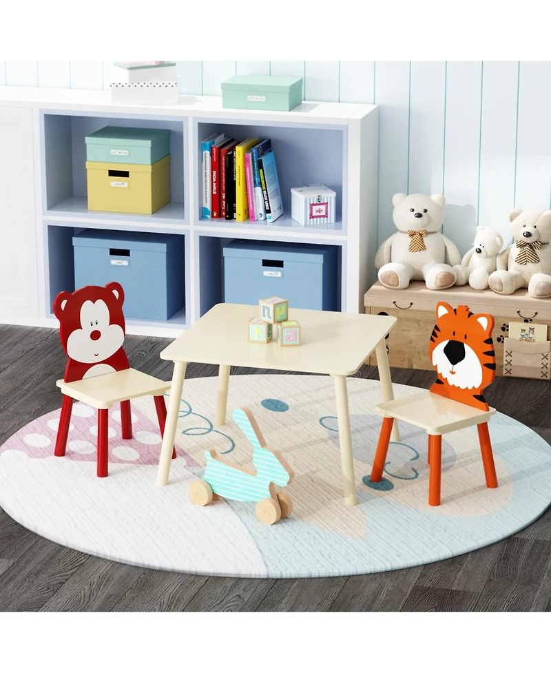 sumyeg 3-Piece Kids Table and Chair Set with Bear and Tiger Theme in Natural