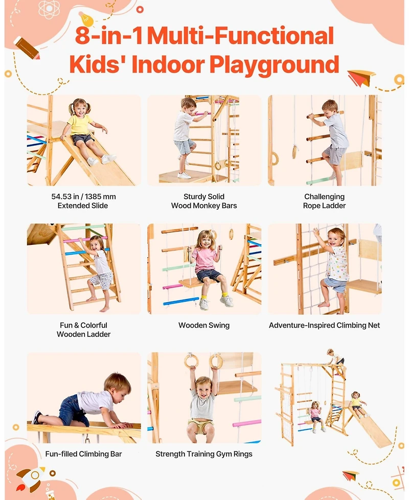 Mecale 8-in-1 Wooden Indoor Playground Jungle Gym with Swing, Slide, Monkey Bars, Gym Rings, Ladders & Climbing Net, 220 lb Capacity