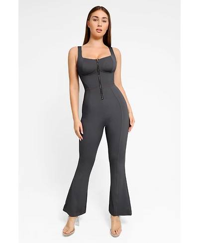 Popilush Women's Shapewear Sculpting Denim Tank Flare Leg Jumpsuit