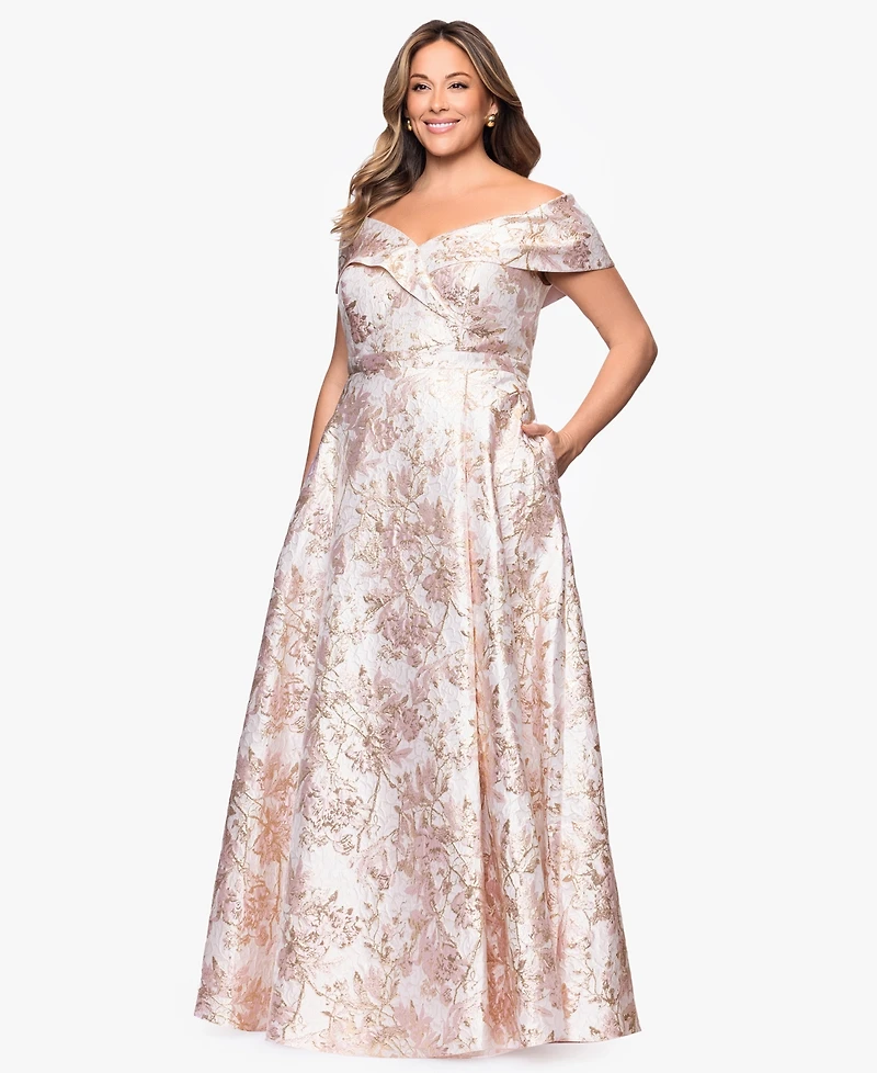 Xscape Plus Off-The-Shoulder Brocade Ball Gown