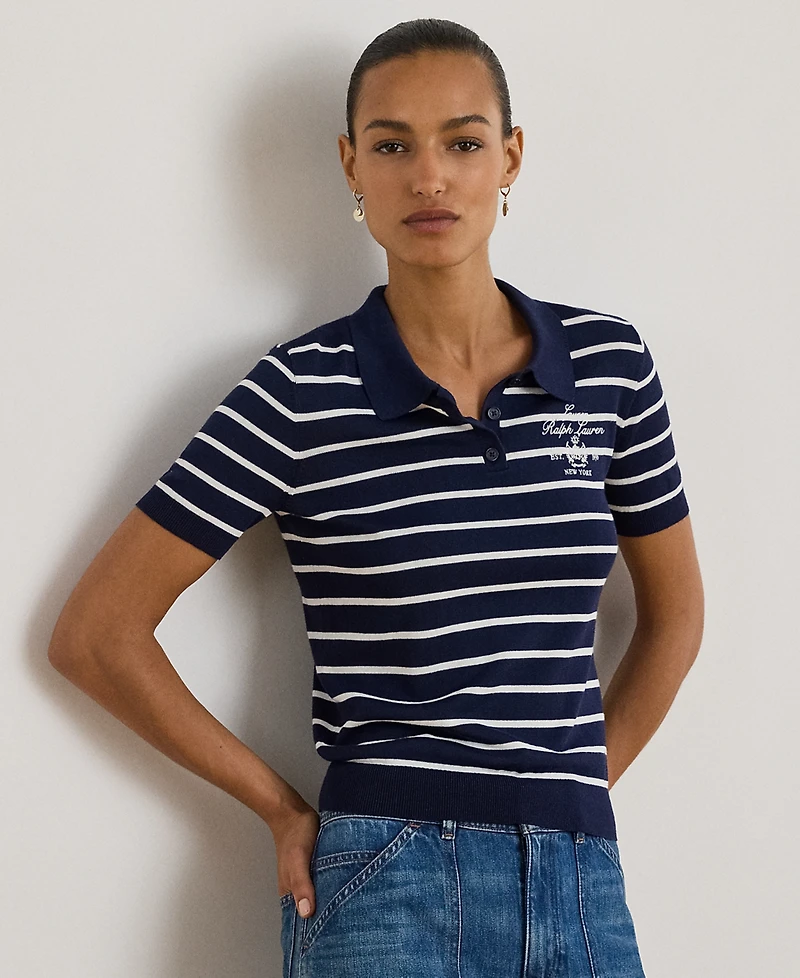 Lauren Ralph Petite Striped Short-Sleeve Polo Sweater