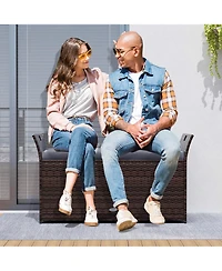 Costway Outdoor Bench with Hand-woven Pe Rattan Wicker Cushion & Side Handles Storage