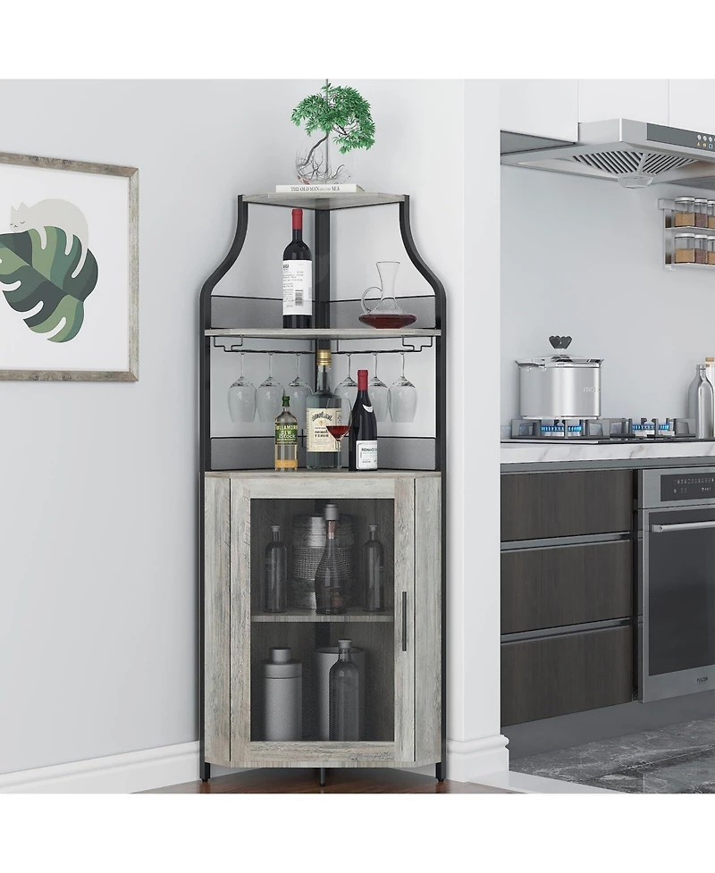 gaomon Corner Bar Cabinet with Glass Holder, Industrial Wine Cabinet with Adjustable Shelf