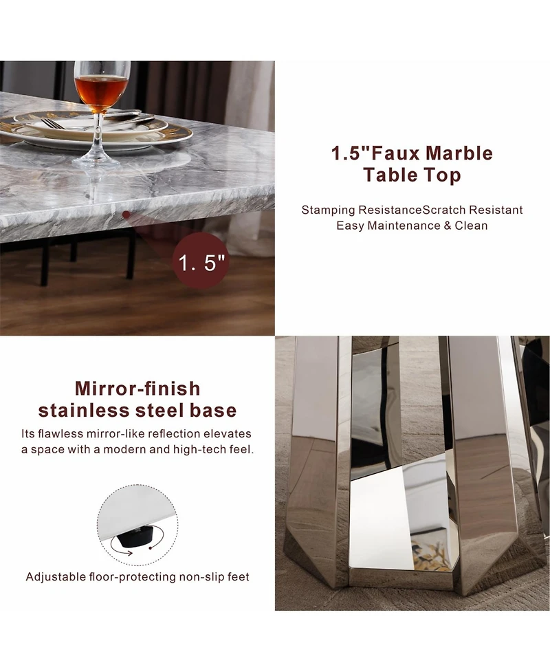 Streamdale Furniture Marble Dining Table for 6, 70" Faux Marble Rectangle Table with Stainless Steel Base (Silver, Grey
