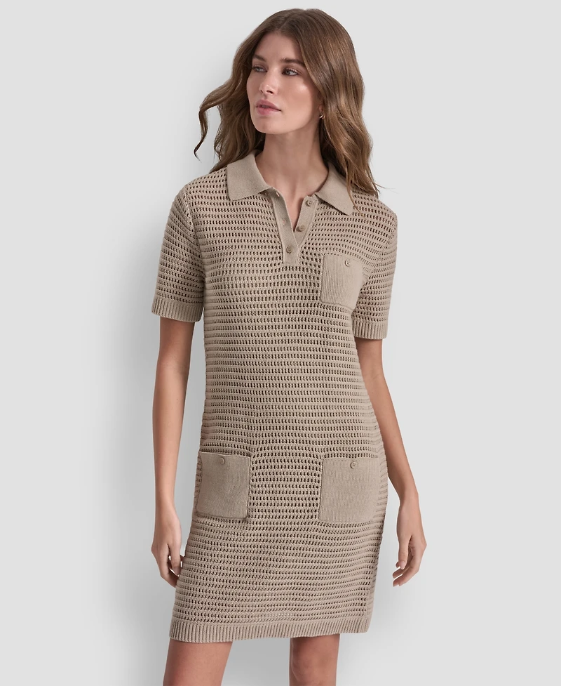 Dkny Jeans Women's Polo Collar Crochet Stitch Short Dress
