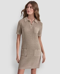 Dkny Jeans Women's Polo Collar Crochet Stitch Short Dress