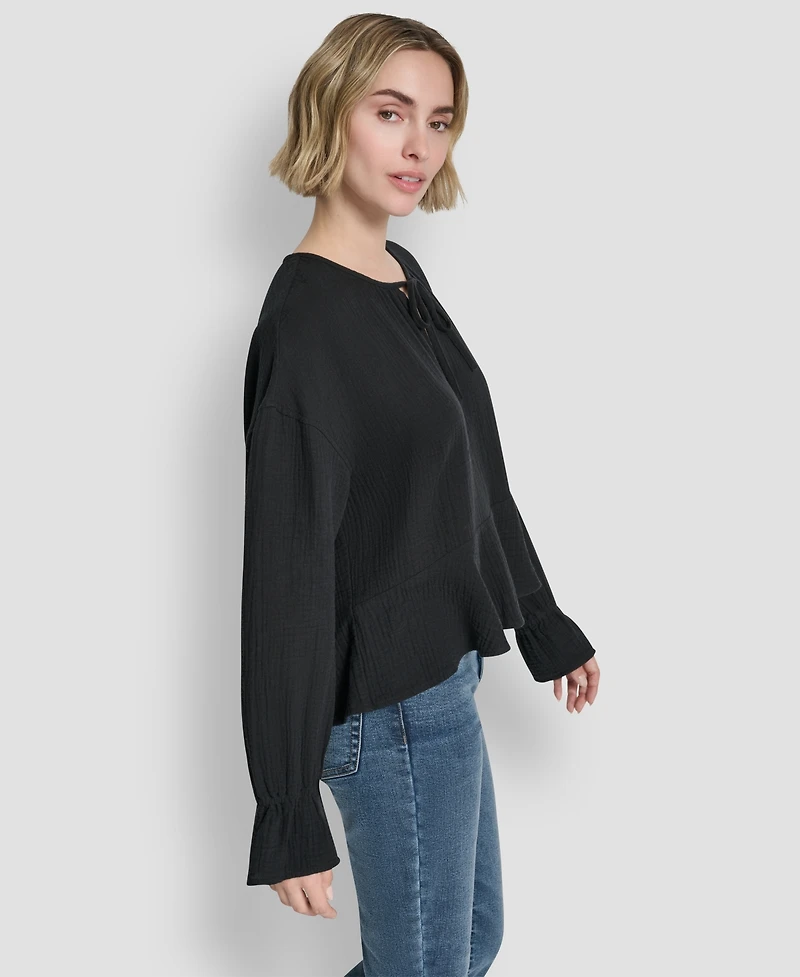 Dkny Jeans Women's Long-Sleeve Tie Neck Crop Top