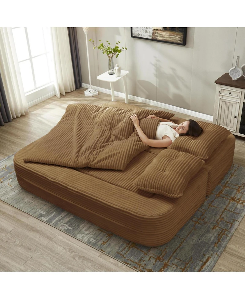 Streamdale Furniture Streamdale Convertible Corduroy Sectional Sofa Bed with Chaise & Blanket - Camel