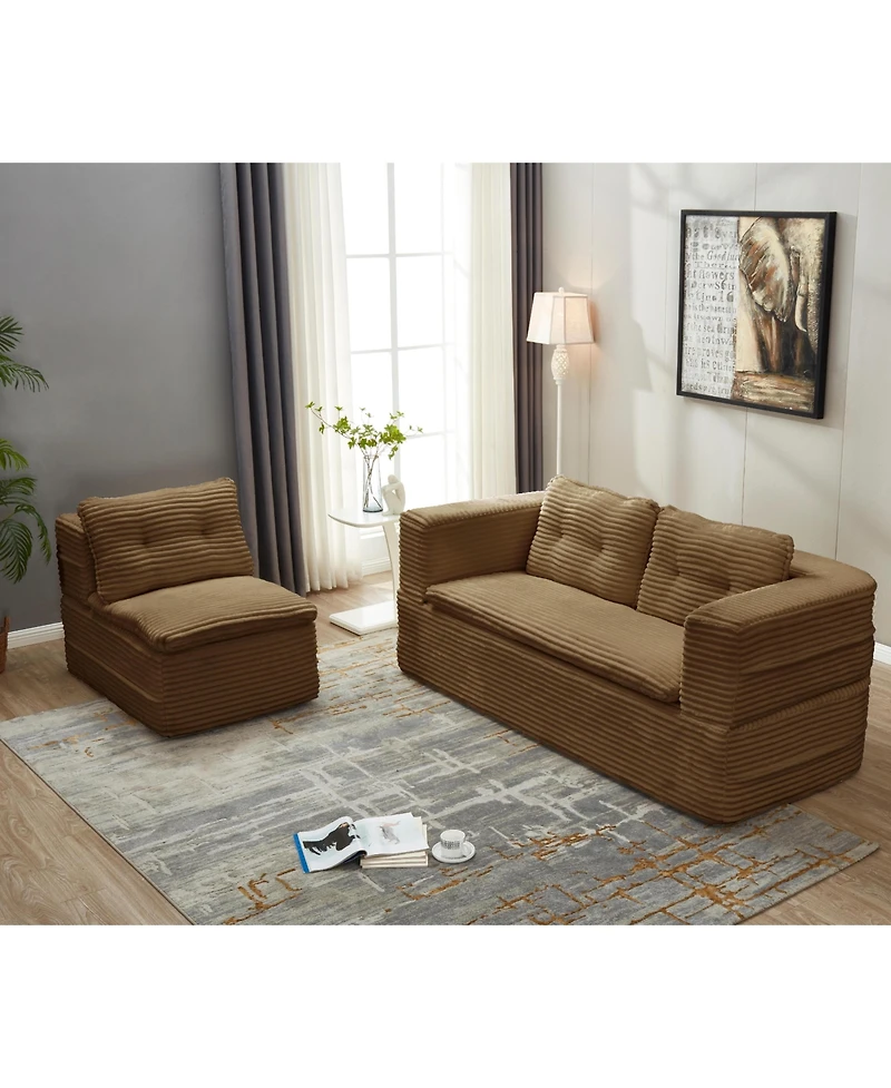 Streamdale Furniture Streamdale Convertible Corduroy Sectional Sofa Bed with Chaise & Blanket - Camel