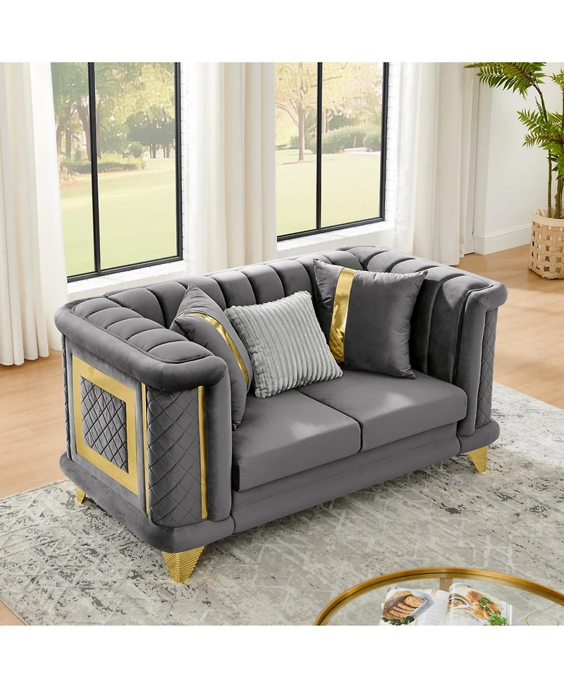 Streamdale Furniture 69" Velvet Loveseat Sofa, Gold Trim, Tufted, Pillows - Gray