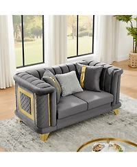 Streamdale Furniture 69" Velvet Loveseat Sofa, Gold Trim, Tufted, Pillows - Gray