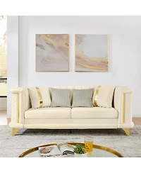 Streamdale Furniture 89" Velvet Sofa, Gold Trim, Tufted Couch with Pillows, Beige