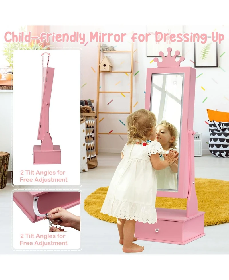 Gaomon Kids Jewelry Armoire with Led Light, Freestanding Organizer Mirror & 3 Drawers