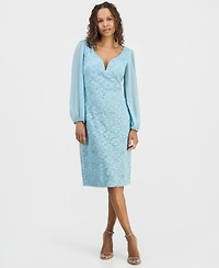 Connected Petite Sequined Lace Blouson-Sleeve Dress