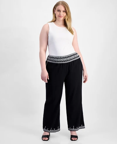 And Now This Trendy Plus Embroidered Cotton Wide Leg Pants, Macy's Exclusive