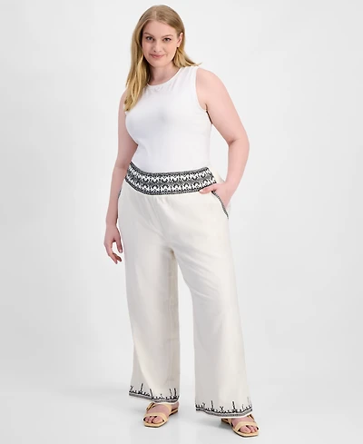 And Now This Trendy Plus Embroidered Cotton Wide Leg Pants, Macy's Exclusive