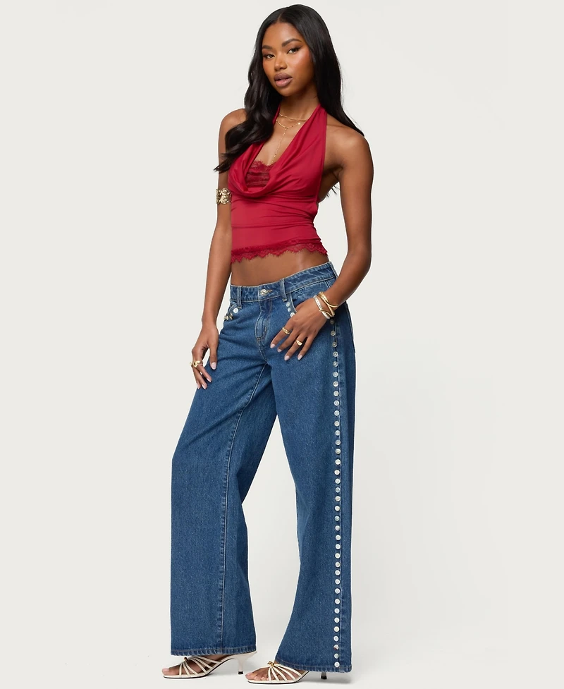 Edikted Women's Layered Lacey Cowl Neck Halter Top