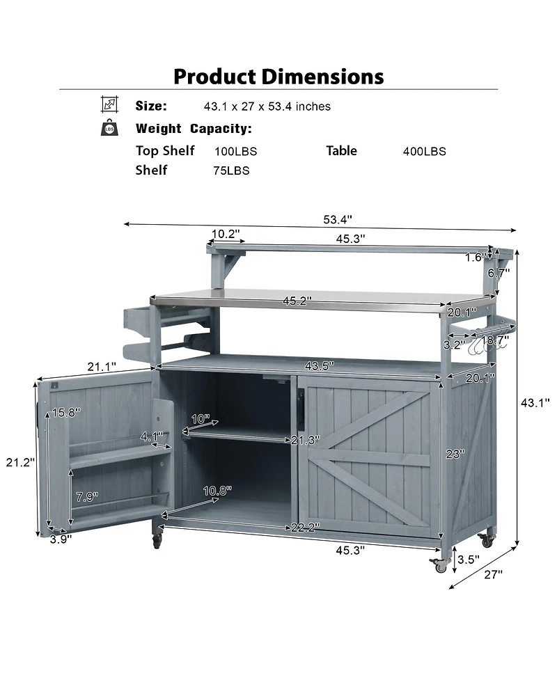 Clihome 53.3" Outdoor Kitchen Island with Raised Shelf, Solid Wood Outdoor Rolling Grill Cart with Internal Storage