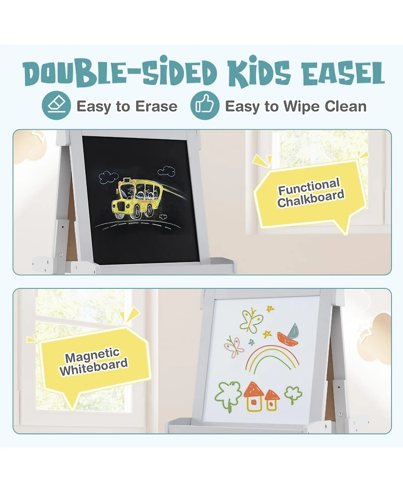 Hongge Adjustable Wooden Kids Art Easel With Chalkboard Whiteboard And Paper Roll