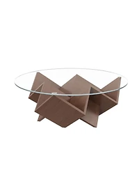 Streamdale Furniture Round Coffee Table with Glass Top & Art Deco Base, Walnut, 35.4