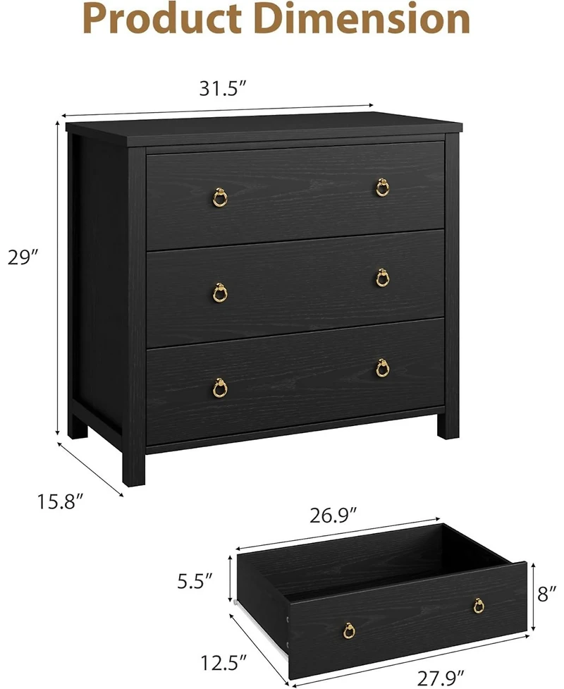 Gaomon 31.5 Inch Wide Wooden Chest of Dresser with 3 Drawers and Large Clothes Storage Space For Nursery Living Room Hallway and Bedroom
