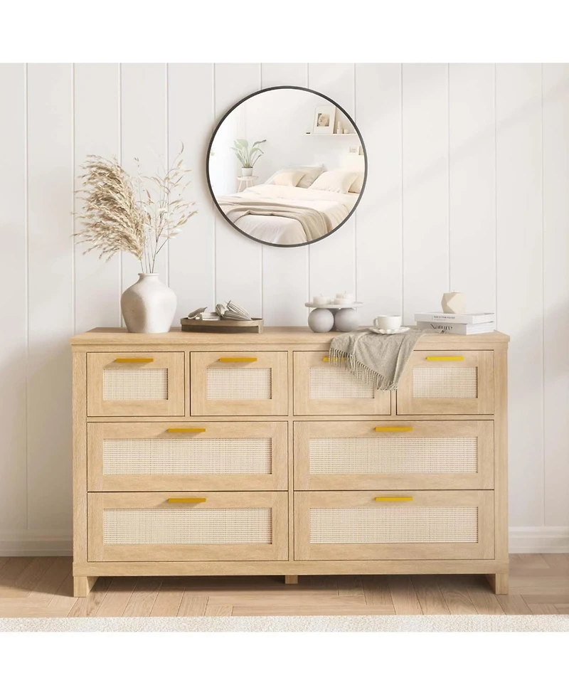 gaomon 8-Drawers Rattan Dresser for Bedroom, Wooden Dresser Chest of Drawers