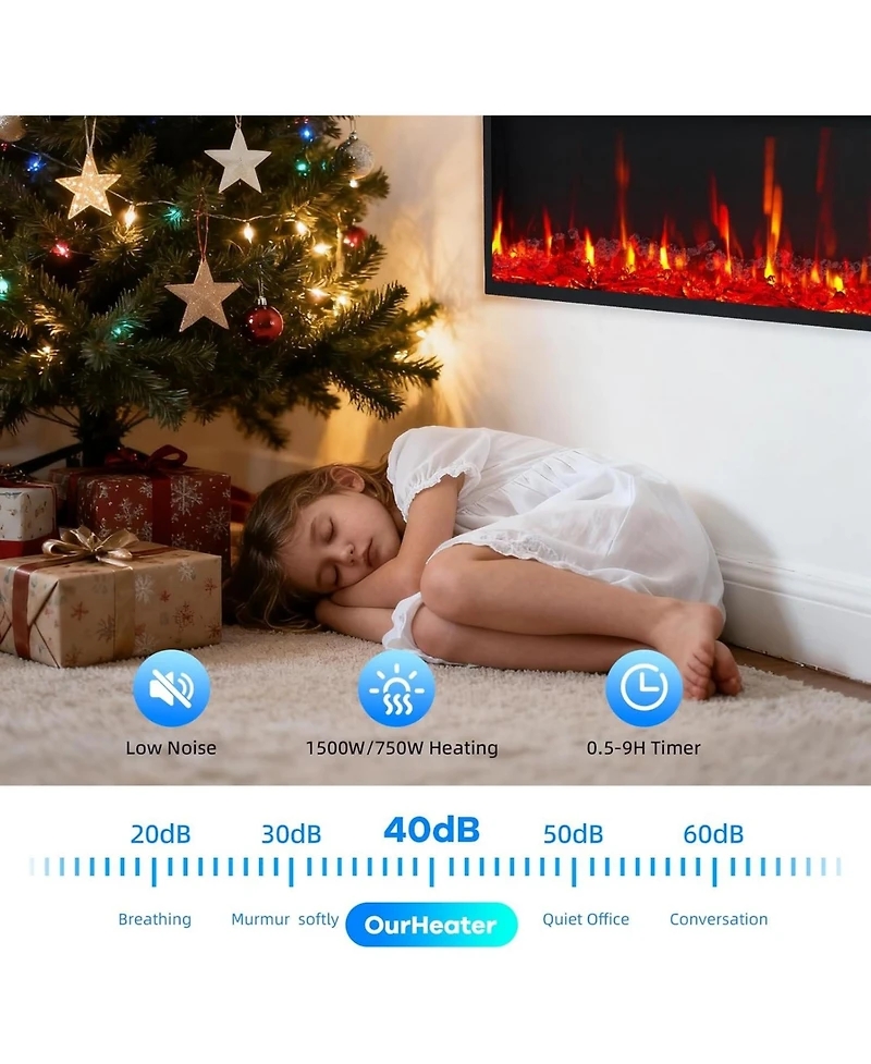 Gaomon 68" Wall Mounted/Recessed Electric Fireplace, 12 Flame Colors, Timer, Remote Control, 750/1500W, Log & Crystal