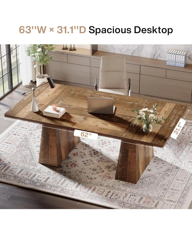 Tribesigns 63-Inch Executive Desk, Large Office Computer Desk with Double Pedestal, Modern Simple Workstations