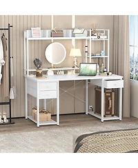 Aheaplus 47-55 inch Computer Desk with 3 Drawers and Storage Shelves