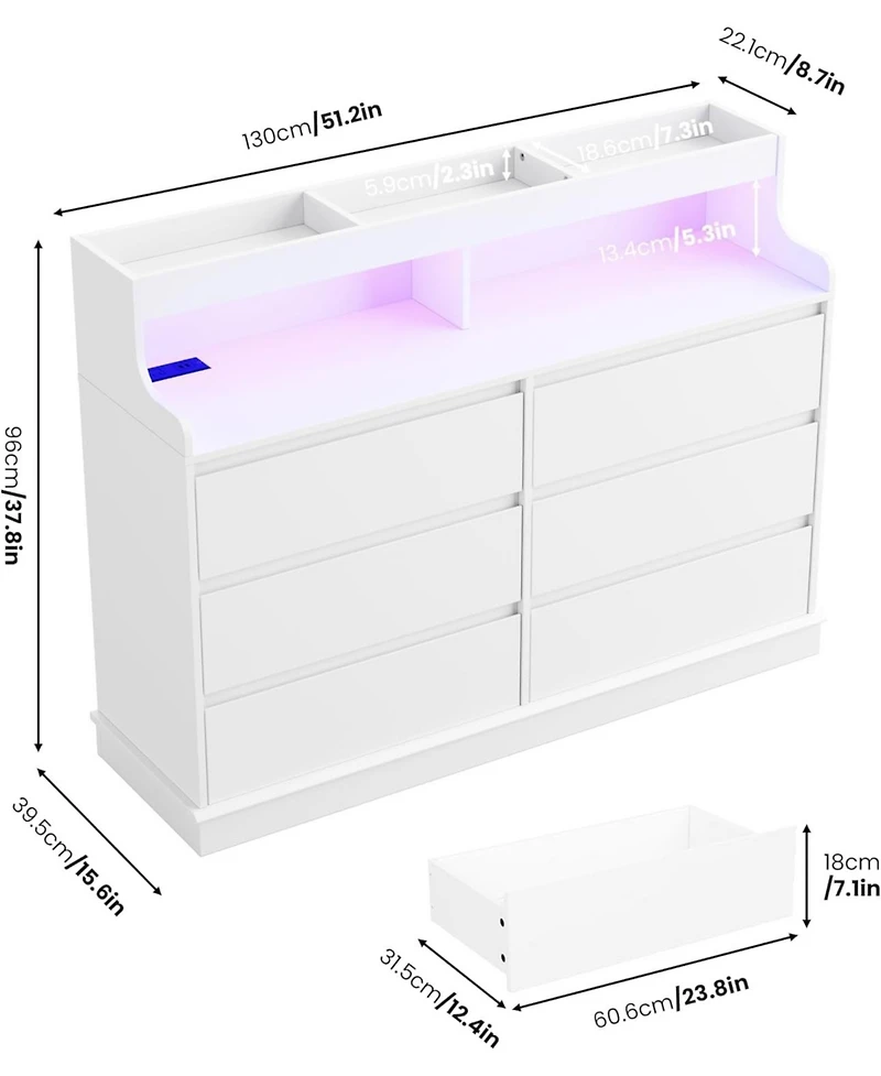 Dresser for Bedroom with 6 Drawers, Modern Chest Featuring Led Lights and Charging Station