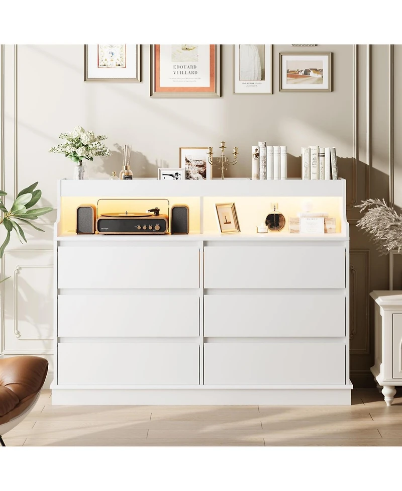 Dresser for Bedroom with 6 Drawers, Modern Chest Featuring Led Lights and Charging Station