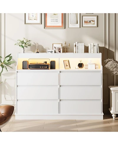 Dresser for Bedroom with 6 Drawers, Modern Chest Featuring Led Lights and Charging Station