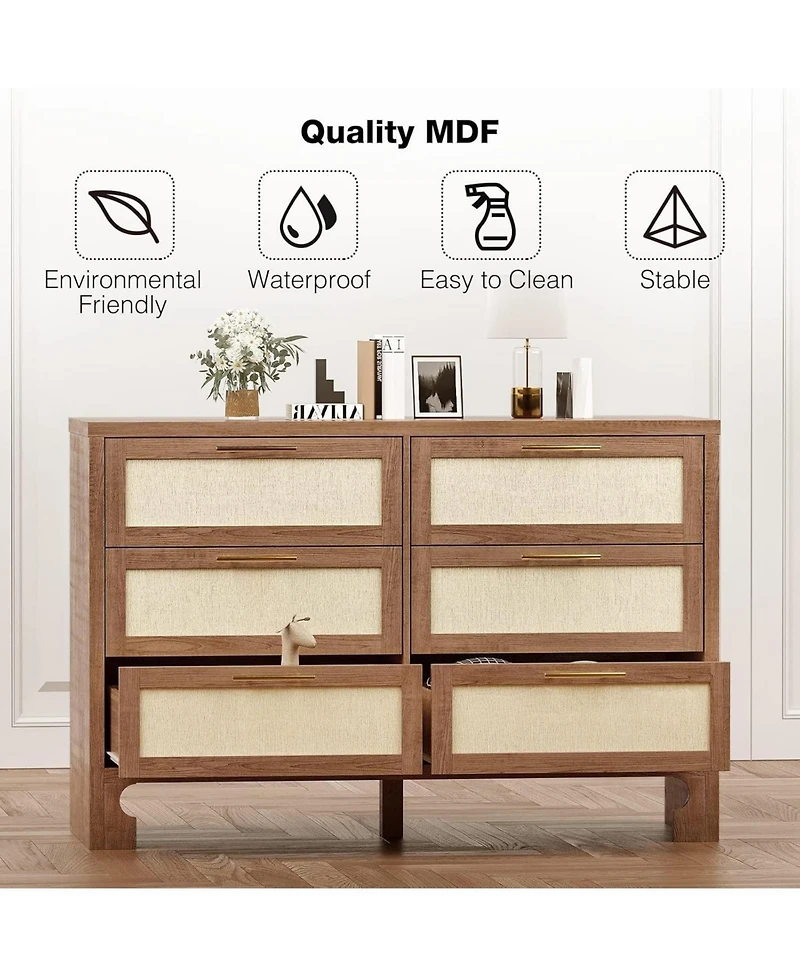 Gaomon Rustic Caramel Burlap 6-Drawer Dresser, Spacious Storage Chest Made of Mdf & Composite Wood for Bedroom Living Room or Hallway