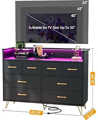 gaomon 8-Drawer Dresser Tv Stand, Led Lighting & Charging Station, Wide Entertainment Center with Open Storage for Bedroom Living Room