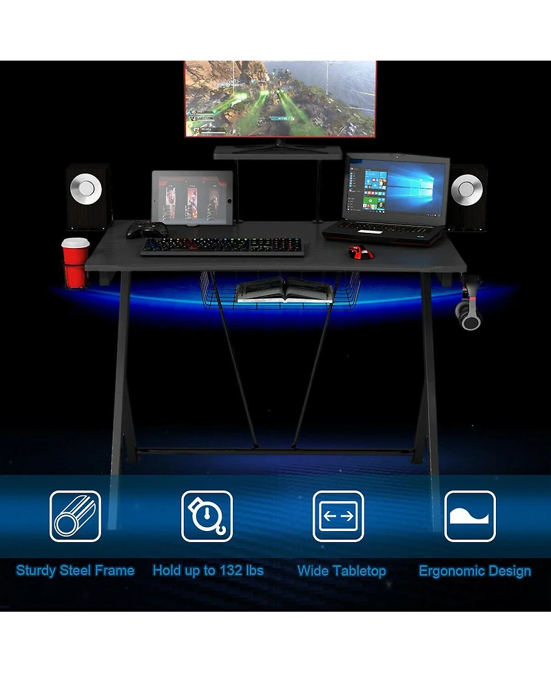 Gymax Gaming Desk Computer Desk Pc Table Workstation with Headphone Hook & Cup Holder