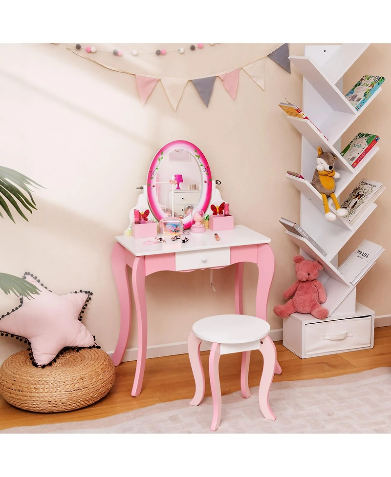 Gymax Kids Vanity Table Stool Set Pretend Play Makeup Desk with Whiteboard Markers