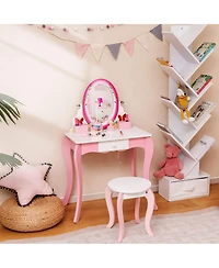 Gymax Kids Vanity Table Stool Set Pretend Play Makeup Desk with Whiteboard Markers