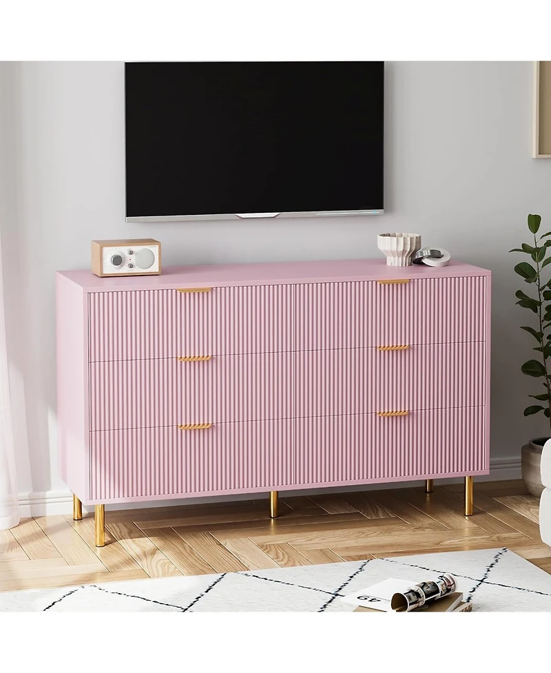 Gaomon Pink 6 Drawer Dresser, Modern Wood Double Chest of Drawers with Gold Handles, Large Storage Organizer for Bedroom, Living Room