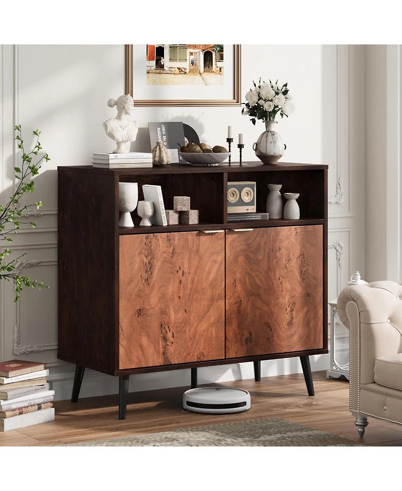 31.5" Sideboard Buffet Cabinet, Farmhouse Kitchen Storage Cabinet with Burl Texture and 2 Open Shelves, Coffee Bar for Dining Room or Living Room