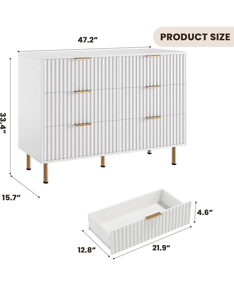 gaomon Fluted 6 Drawer Dresser, Modern Wide Chest with Deep Drawers, Wooden Storage Organizer for Living Room, Hallway, Kids Room