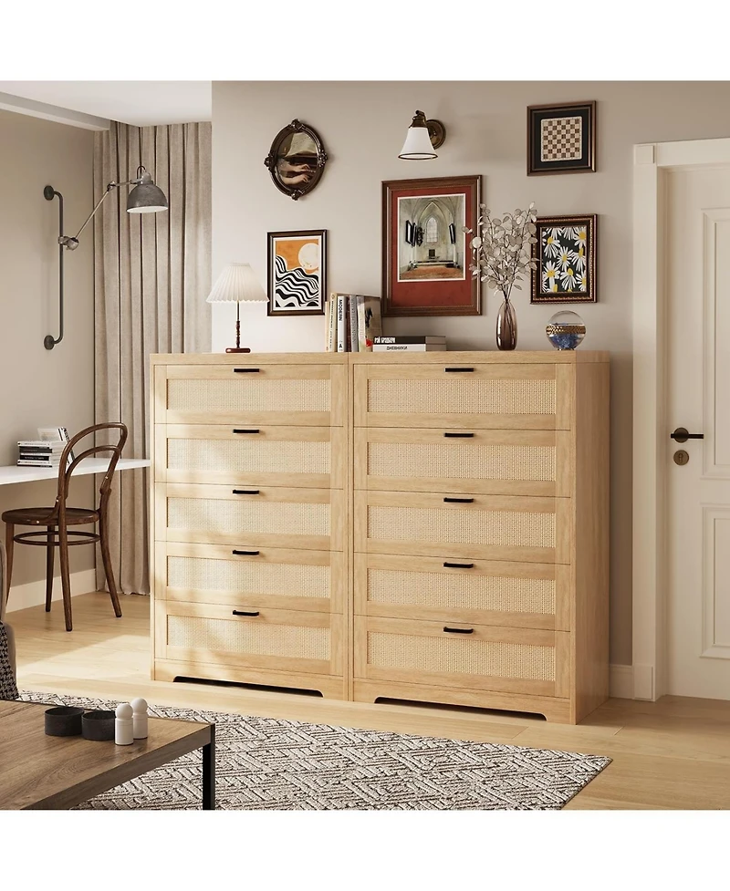 Gaomon Tall Rattan Dresser 5 Drawer Chest Modern Wooden Storage Cabinet with Wide Top for Bedroom Living Room Hallway Entryway