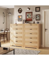 Gaomon Tall Rattan Dresser 5 Drawer Chest Modern Wooden Storage Cabinet with Wide Top for Bedroom Living Room Hallway Entryway