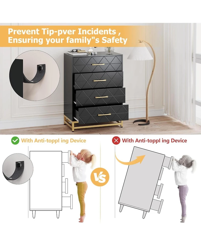 gaomon 4-Drawer Engineered Wood Soft-Close Glides, Anti-Tip Kit, Space-Saving Design Tall Dresser