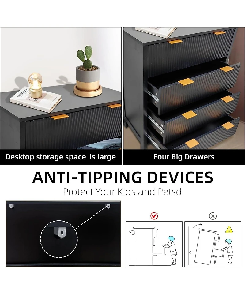 gaomon 30" Fluted 4-Drawer Dresser, Modern Storage Cabinet with Gold Handles for Bedroom